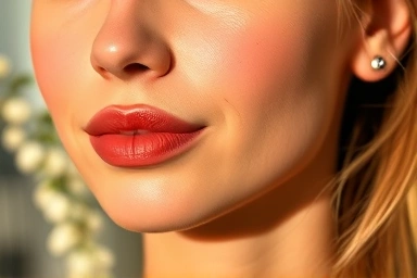 Warm-toned model with natural coral makeup.