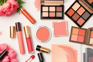 Coral makeup product flat lay.