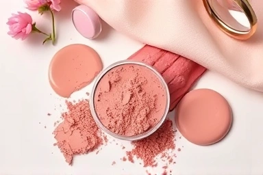 Various blush textures: liquid, powder, serum.