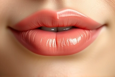 Glossy lips with a fruit-like sheen.