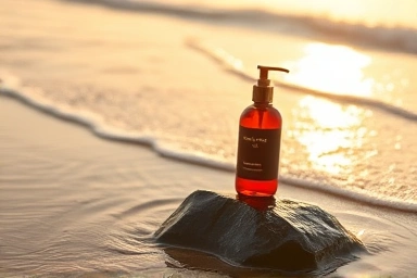 Sun-kissed beach with tanning oil bottle on rock.
