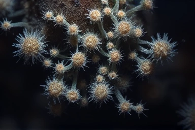 Microscopic view of scalp fungus and bacteria in humid conditions.