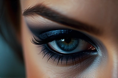Dramatic cool-toned eyeshadow on a woman's eye.