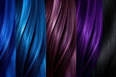 Hair color swatches for winter cool tones: blue, purple, black.