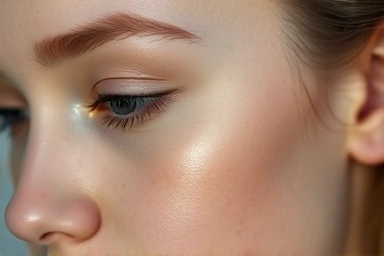 Woman with luminous Y2K highlighter on cheekbone