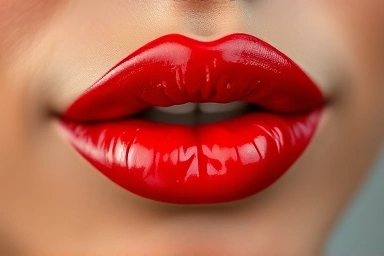 Glossy red lips with a 'tanghulu' candy effect.