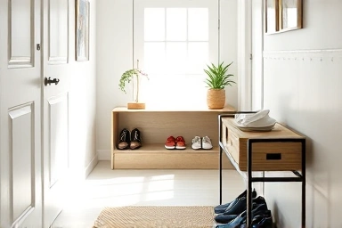 Tidy entryway with two-tier shoe shelf.