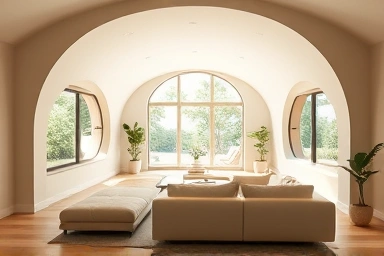 Serene 30-pyeong apartment living room with warm, neutral tones and soft lighting.