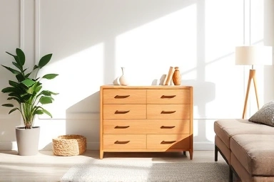 Modern living room with organized 5-drawer chest.