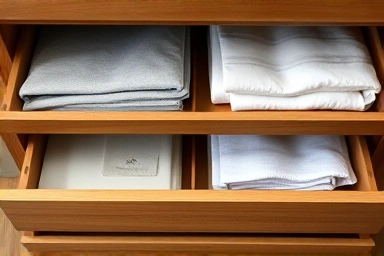 Inside a deep, wide 5-drawer chest with neatly folded clothes.