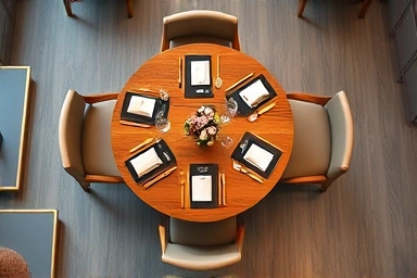 Stylish 6-person dining table setting, minimalist and harmonious.