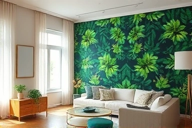 Living room accent wall with vibrant nature wallpaper