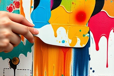 Artist's hands creating textured abstract art with palette knife