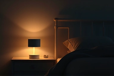 Cozy bedroom illuminated by a soft sleep lamp.