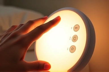 Hand adjusting brightness on a modern sleep lamp.