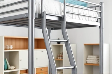 Close-up of sturdy adult loft bed frame and safety features.