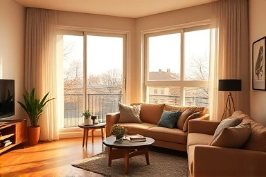 Cozy apartment living room with new, modern windows