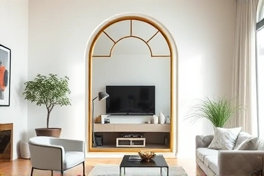 Arch mirror enhancing spaciousness in a modern living room.