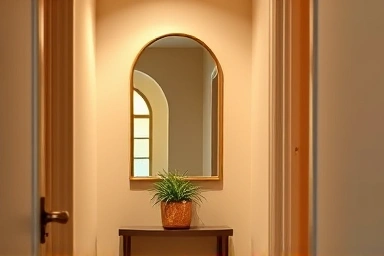 Arch mirror visually expanding a narrow entryway.