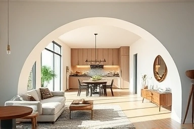 Modern living room with elegant archway separating spaces