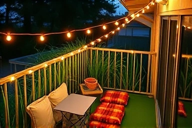 Cozy balcony transformed into a personal camping retreat with string lights and floor cushions.