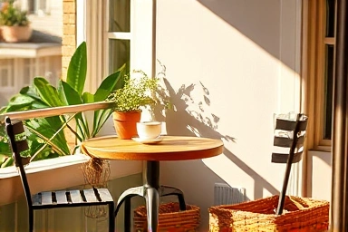 Cozy balcony home cafe with compact table and plants.