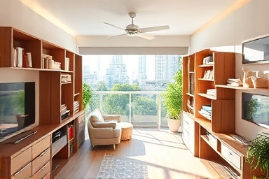 Organized balcony with modern shelving and ample space