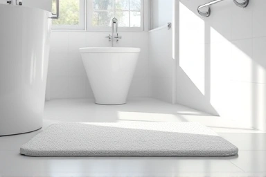 Diatomaceous earth bath mat absorbing water in a clean bathroom.