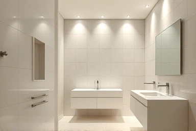 Modern bathroom with soft recessed lighting.