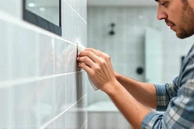Professional tiler applying adhesive for bathroom tile overlay