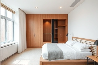 Spacious bedroom with integrated dressing room and partition wall.