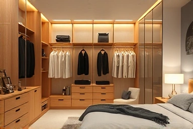 Organized dressing room with smart storage solutions and partition.
