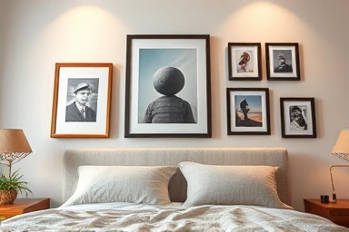 Bedroom wall art placement showcasing balanced frame sizes.