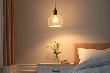 Cozy bedroom with warm pendant light over bedside.