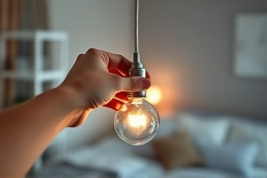 Adjusting pendant light height for optimal bedroom lighting.