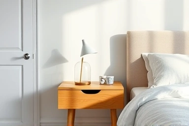 Modern bedroom with minimalist bedside table and natural light.
