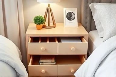 Functional bedside table with storage, emphasizing organization and style.