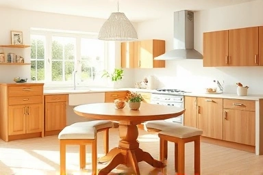 Modern kitchen with space-saving bench dining set.