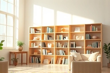 Organized bookshelf in a bright, minimalist living room.
