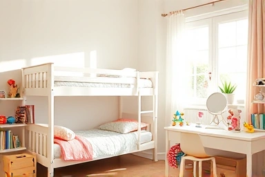 Child's bedroom with separated bunk beds, ample play space.