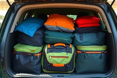Organized camping trunk with various durable storage bags.