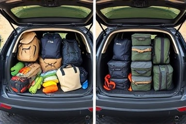 Before and after of camping gear storage in a car trunk.