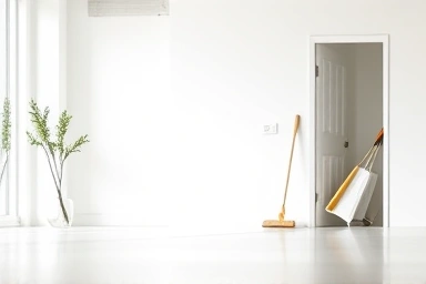 Spacious living room with organized cleaning tools
