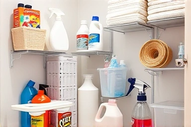 Organized pantry with labeled cleaning supplies