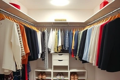Organized closet with separated long and short clothes.