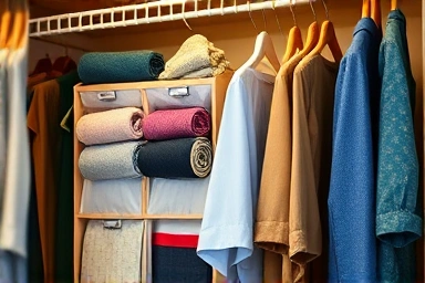 Efficient closet shelf organization with rolled clothes.