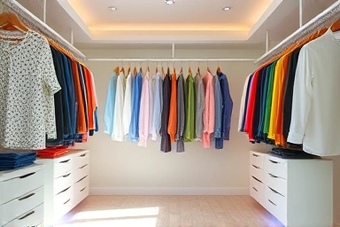 Organized walk-in closet with modern system hanger