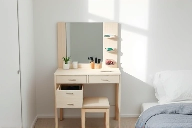 Organized small vanity with hidden storage in a bright bedroom.