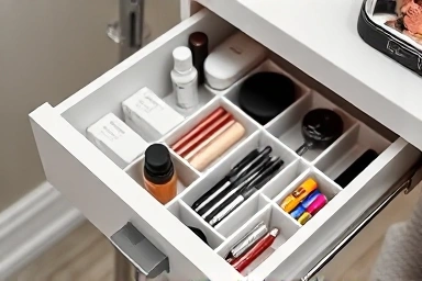 Neatly organized makeup and skincare in a vanity drawer.