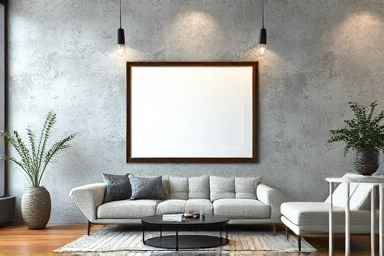 Artwork securely mounted on a textured concrete wall in a modern living room.
